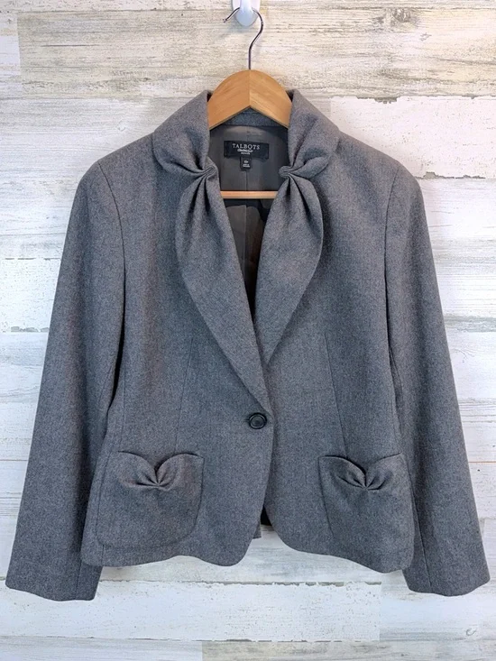 Talbots Wool Bow Blazer Gray Petite Preppy Officecore Coquette Chic Sz 10P - Picture 2 of 12